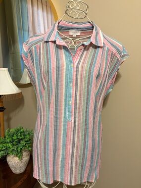 LOFT Pink, Blue & Green Striped Cap-Sleeve Button Shirt